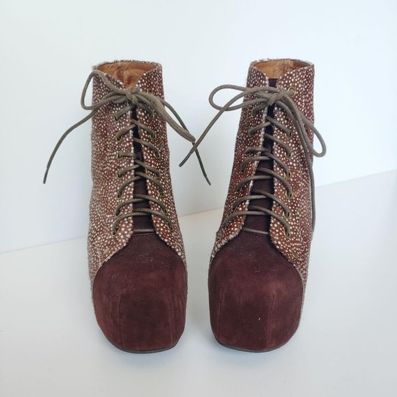 Jeffrey Campbell Lita Fur Brown Spotted Stylish Women's Platform Ankle Boots - Picture 2 of 9